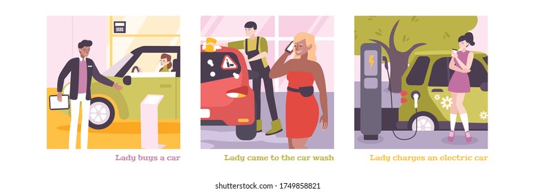 Woman driving square compositions set with text captions and outdoor scenes with female drivers and cars vector illustration