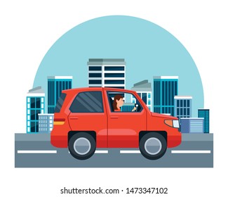 Woman driving SUV vehicle sideview cartoon on the city, urban scenery background ,vector illustration graphic design.