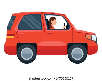 Woman driving SUV vehicle sideview cartoon vector illustration graphic design.