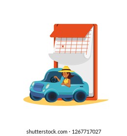 woman driving tourism little car with calendar