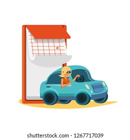 woman driving tourism little car with calendar
