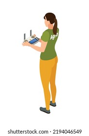 Operador drone de mujer con control remoto retrovisor 3d ilustración vectorial isométrica