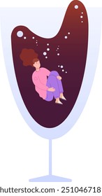 Woman drowning in wine drink glass. Alcoholism concept isolated on white background