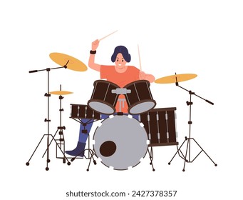 Woman drummer rock band cartoon character playing music on percussion instrument isolated on white