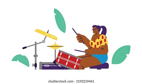 Woman drummer or rock musician playing drums, flat cartoon vector illustration isolated on white background. Rock band drummer musician female character.