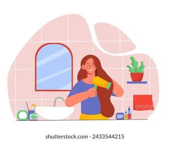 Woman dry hair at bathroom. Young girl with hairdryer. Routine and hygiene, cleanliness indoor. Beauty procedures and spa. Cartoon flat vector illustration isolated on white background