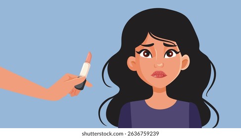 
Woman with Dry Lips Receiving a Lip Balm Vector Beauty Illustration. Unhappy Lady having chapped lips from the cold and other conditions 
