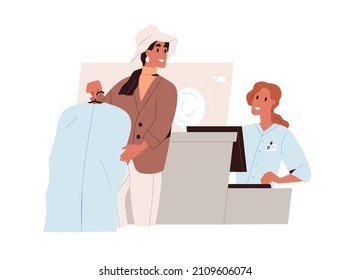 Woman at dry-cleaning and laundry service. Customer bringing clothes to cleaners reception to clean and wash. Client takes garment for laundering. Flat vector illustration isolated on white background