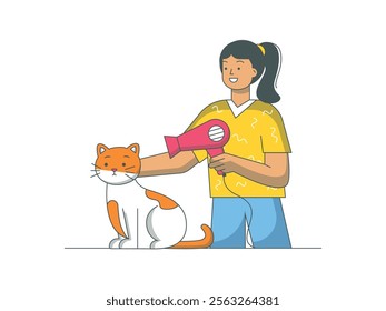 woman is drying cat with hair dryer, clean time. Character design. Vector flat illustration