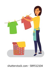 Woman drying clothes on the rope outdoors. Household laundry duties. Vector style illustration