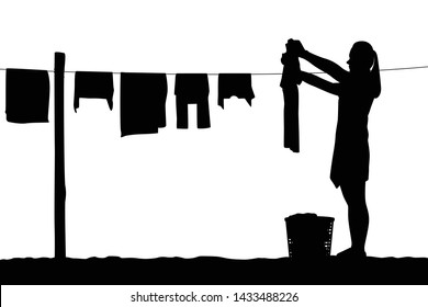 The woman is drying cloths after washing silhouette vector