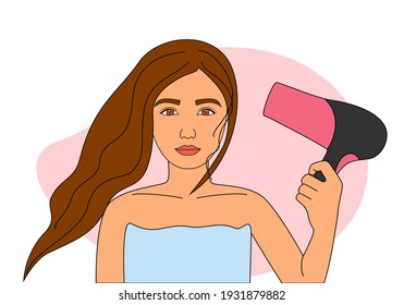 Woman drying hair in bathroom with hairdryer. Vector illustration.