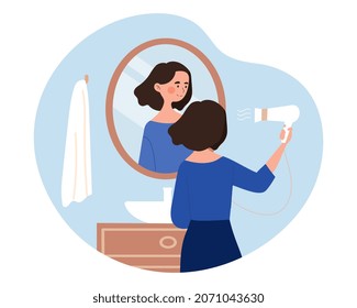 Woman drying hair. Beauty and hygiene, character stands in front of mirror. Girl looks after herself. Person in bathroom, routine, morning, daily chores, procedure. Cartoon flat vector illustration