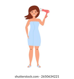 Mulher secando cabelo com um secador de cabelo em um ambiente interior casual durante a rotina matinal