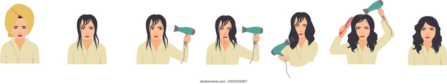 woman drying hair. Drying hair step by step. receive prayers. towel. wet hair. hair dryer