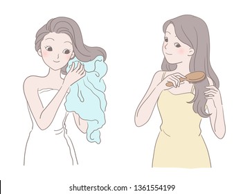 Woman, drying her hair with a bath towel,Combing hair with a comb