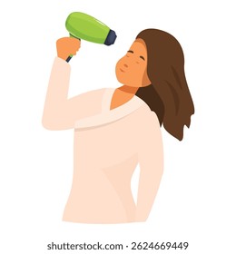 Woman drying her hair with hair dryer after shower