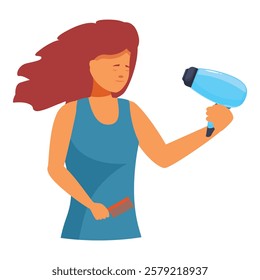 Woman is drying her long hair with a blow dryer, she is holding a comb in her other hand