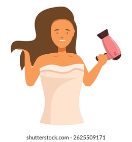 Woman is drying her long hair after a shower, holding a hairdryer in one hand and a strand of hair in the other