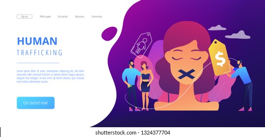 Woman with duct tape on mouth and price tag being trafficked and sexually exploited. Sex trafficking, human trafficking, criminal businesses concept. Website vibrant violet landing web page template. - Shutterstock ID 1324377704