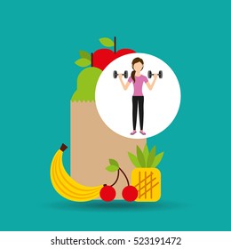 woman dumbbell exercising healthy food bag vector illustration eps 10