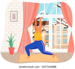 Woman with dumbbells exercising at home. Girl doing sports on background of window with snowy trees in winter. Overweight person uses equipment to lose weight. Lady squat with dumbbells for fitness