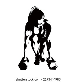 Woman with dumbbells exercising vector silhouette on white background