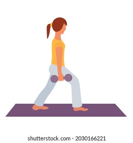 Woman with dumbbells on the mat. Female athlete in sportswear working out. Sportswoman, training. Flat cartoon style illustration. 