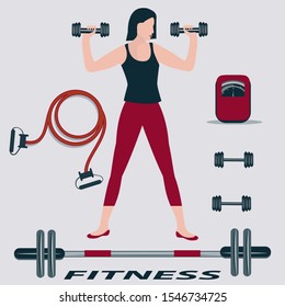 Woman with dumbbells - outdoor scales, jump rope, dumbbells, barbell - vector. Fitness Sport Club. Physical exercise.