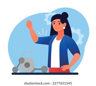 Woman with dumbbells. Powerful young girl. Muscle strengthening, fitness and workout. Brave sportswoman and athlete. High self confidence and esteem concept. Cartoon flat vector illustration