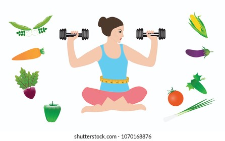 Woman with dumbbells sitting in lotus pose surrounded by bright vegetables - isolated on white background - vector art. Concept of Healthy Lifestyle - Yoga Fitness