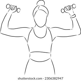 Woman with dumbbells, vector. Hand drawn sketch. Sportswoman doing exercises with dumbbells.