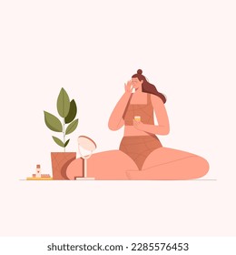 Woman during everyday hygiene routine. Female applying natural face cream during daily skin, face. Self care. Flat graphic vector illustration