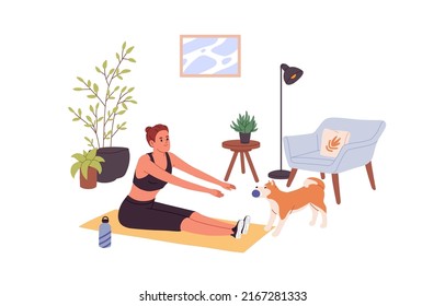 Woman during home workout. Healthy girl doing aerobics exercises in room. Person at sports training on mat, stretching practice with cute dog. Flat vector illustration isolated on white background