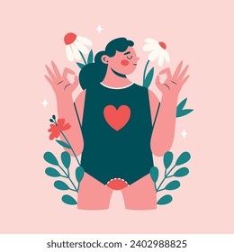 Woman during menstruation standing in panties and showing okay sign surrounded plants, flowers. Cartoon illustration with girl, female period. Women power concept. Flat modern design for banner, card.