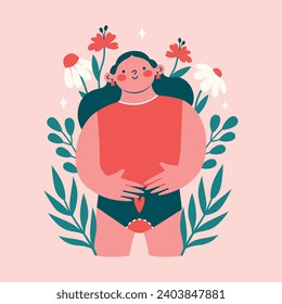 Woman during menstruation standing in panties and holding belly surrounded plants, flowers. Women power concept. Flat modern design for banner, card. Cartoon illustration with girl, female period. 