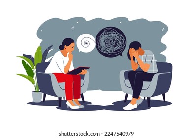 Woman during a mental therapy session with a psychotherapist or psychologist. Two women are sitting and talking. Mental health concept. Vector illustration.