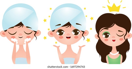 Woman during morning cleaning and make up procedures becoming princess vector illustration