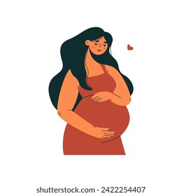 Woman during pregnancy. Cartoon pregnant girl with child in belly, female character with hands on tummy, maternity concept. Vector flat illustration.