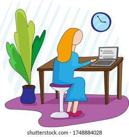 A woman during quarantine works at home to maintain her health and protect against viral infection. Home indoor flowers, wood table with laptop.