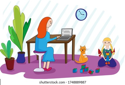 A woman during quarantine works at home to maintain her health and protect against viral infection. Nearby, a daughter plays with toys, and a red cat sits. Family values ​​and work