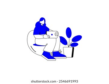 Uma mulher durante um trabalho remoto on-line em casa. Uma empresária com um tablet, sentada em uma poltrona acolhedora. Ilustração de vetor plano isolada em um fundo branco