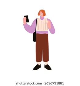 Woman during video call, holding mobile phone, standing outdoors. Young female smiling, waving hand while online communication with smartphone. Flat vector illustration isolated on white background