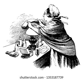 A woman dusting a lamp, vintage line drawing or engraving illustration