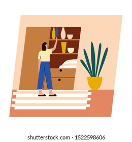 Woman Dusting Off. Woman Cleaning Dust Off Thing On Shelves. Girl Doing Housework. Flat Vector Illustration