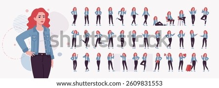 Woman with dyed red hair wearing denim jacket character set. Attractive bright female, trendy sport shoes, jeans for relaxed city life style life bundle, female model posing. Vector illustration