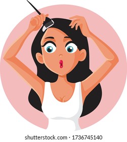 Woman Dying Her Hair at Home Vector Cartoon. Girl trying to color her hair at home in do it yourself process
