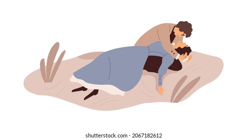 Mujer muriendo en brazos masculinos. Muerte de una dama medieval. Escena de la historia de pareja amorosa romántica en duelo por la mujer asesinada en manos de una persona querida. Ilustración vectorial plana aislada en fondo blanco