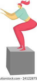 Woman in a dynamic pose on a cube, reaching forward, wearing red pants and green shirt. Modern style, active pose, abstract form vector illustration.