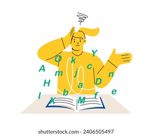 Woman with dyslexia having difficulty reading a book. Colorful vector illustration
